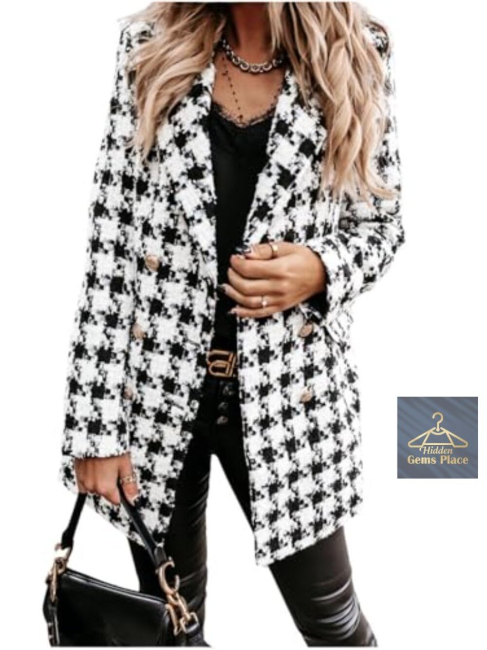Womens Tweed Blazer Double Breasted Open Front Business Casual Plaid Jacket